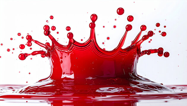 Red liquid splash crown formation with droplets against white background