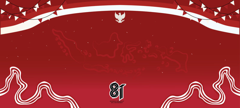 Rayakan Kemerdekaan Indonesia ke-81 dengan desain spanduk merah putih yang meriah. Menampilkan logo HUT RI ke-81 resmi, burung garuda, peta Indonesia, dan hiasan bendera, cocok untuk acara 17 Agustus