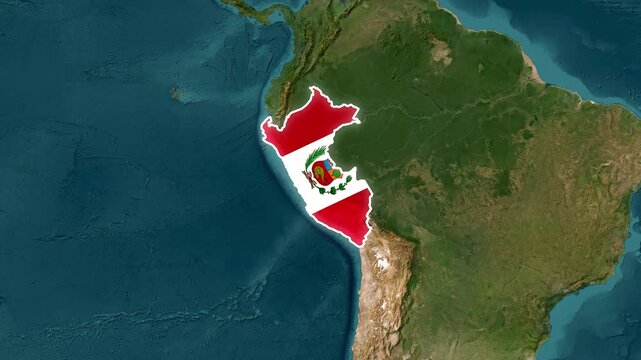 Peru map with national flag overlay, south america geographic location and country border animation geography