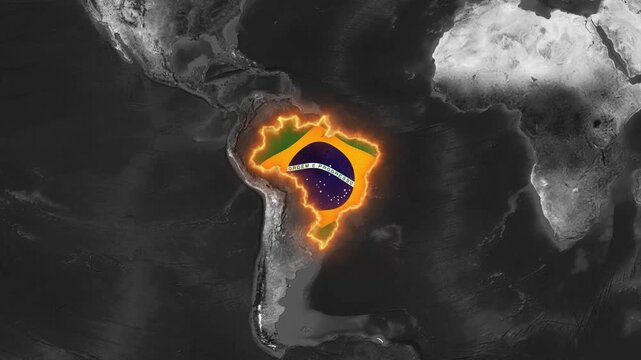 Glowing brazil map silhouette with national flag texture and neon border animation country south america