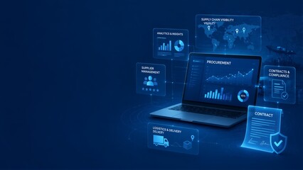 Naklejka premium Laptop displaying supply chain analytics and procurement dashboard
