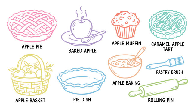 Various apple desserts and baking tools illustration set showcasing popular sweet treats and essential kitchen utensils in a charming outline style.