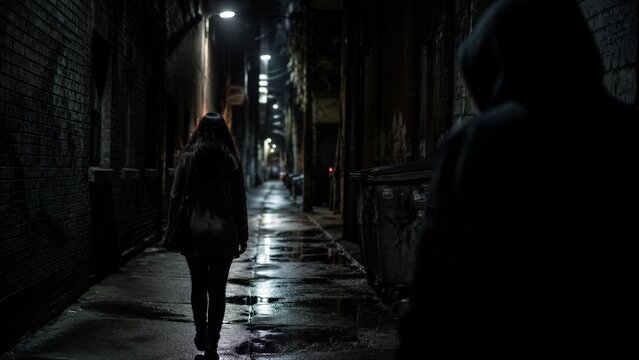 Woman walking down wet alley with shadowed figure observing