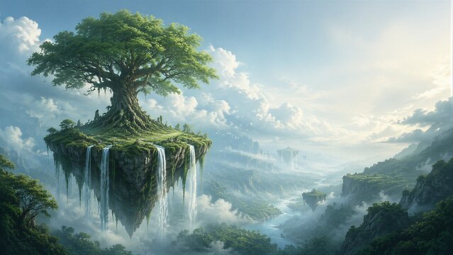 Floating island with large tree suspended above misty valley