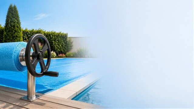 Pool cover rolled on reel beside outdoor swimming pool