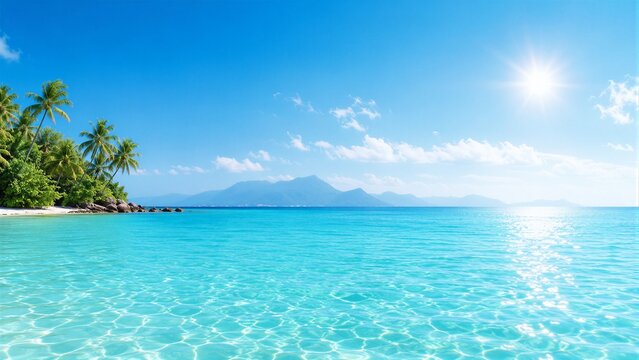 Tropical beach with clear turquoise water and palms
