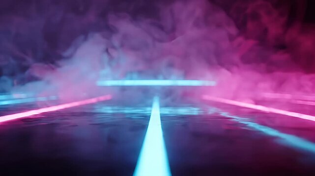 Neon pink and blue glowing grid road background.