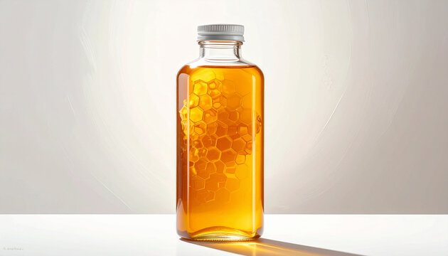 Glass bottle filled with golden honey and honeycomb inside