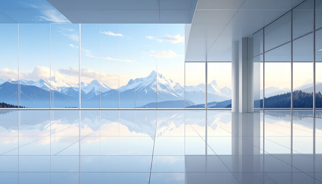 Modern office interior with panoramic windows and mountain view