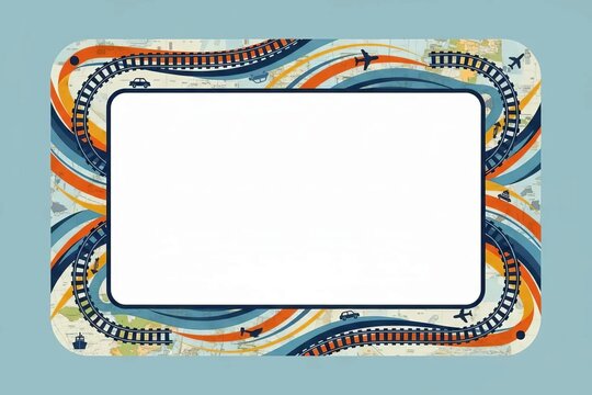 Transportation theme border frame layout with train tracks planes and cars representing travel logistics and journey design