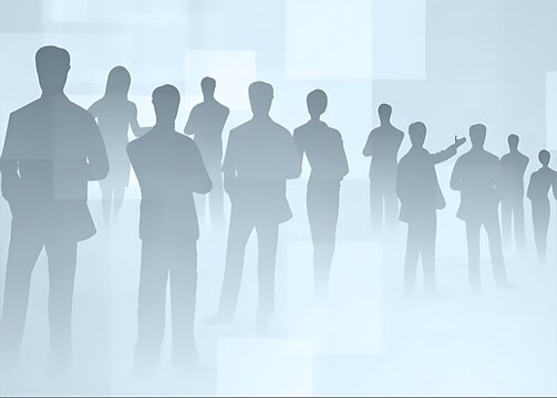 Silhouettes of business professionals standing and networking within a clean light blue and white abstract space as a minimalist corporate digital background illustration