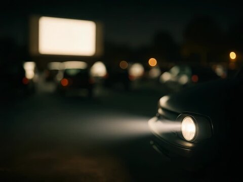 Retro drive-in cinema at nighttime with automotive headlight beam illumination, outdoor movie theater projection screen, nostalgic vehicle lighting in the dark