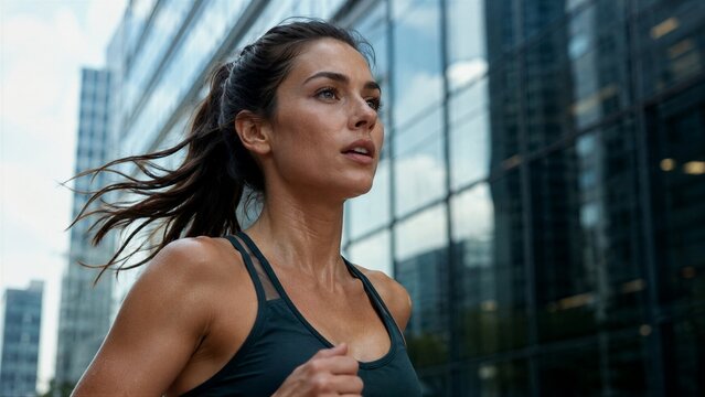 Fit woman running in urban street with reflective glass backdrop