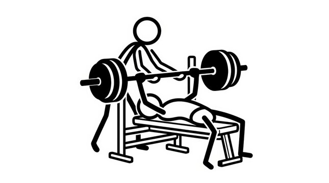 Minimalist stick figure bench press illustration, athlete lifting barbell on gym bench, black and white fitness exercise icon for workout training