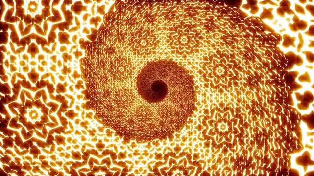 Seamless animation of a golden mandala pattern swirl. Geometric graphic spiral with a psychedelic look.