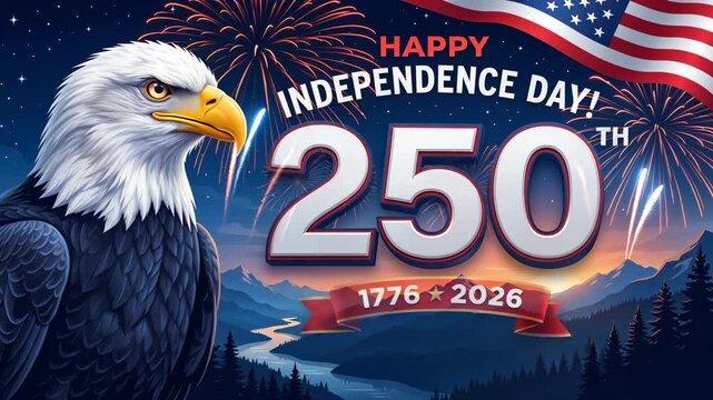 Festive fireworks with a bald eagle and american flag celebrating the usa 250th independence day