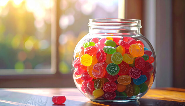 Glass jar filled with colorful assorted candies on wooden table near window