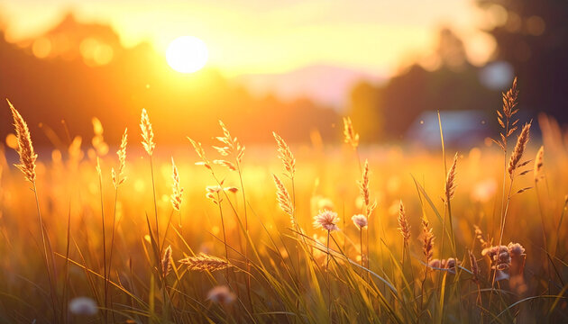 Golden sunset over a grassy meadow with tall stalks of wheat and delicate flowers