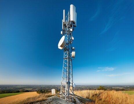 tall steel monopole cell tower crowned with sector antennas and remote radio units rising against a clear blue sky at a rural wireless coverage site