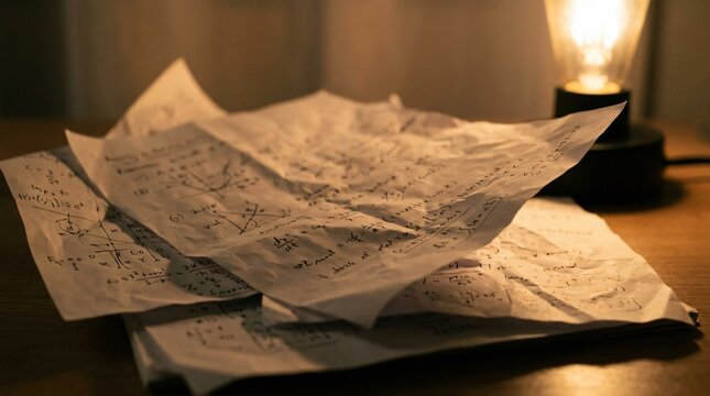 Crumpled papers covered in handwritten math equations on a wooden desk, lit by a warm lamp, representing late-night studying and academic research.