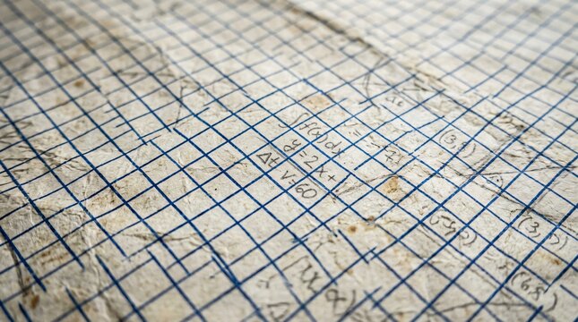 Close-up of handwritten math formulas and algebra equations on aged blue grid graph paper, symbolizing education and STEM learning.