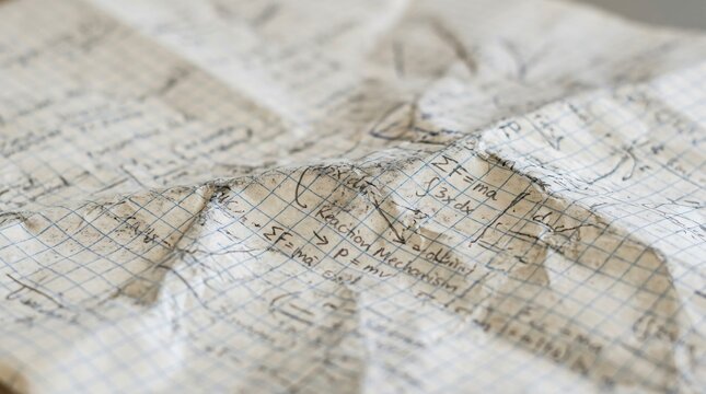 Crumpled and dirty graph paper covered in handwritten physics and math equations, symbolizing academic struggle, exam stress, and intense scientific study.