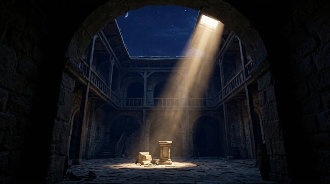 Ancient magic academy courtyard illuminated by a single beam of light at night, medieval school of wizardry, fantasy learning and discovery concept.