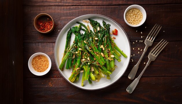 white ceramic plate of charred broccolini stems drizzled with chilli oil and pine nuts with small ramekin of chilli flakes on rustic dark wood table top down