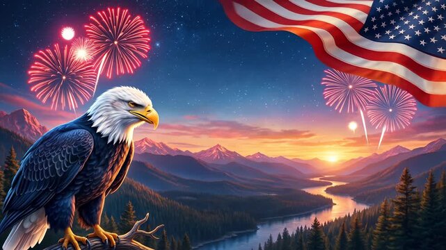 Festive fireworks with a bald eagle and american flag celebrating the usa 251th independence day