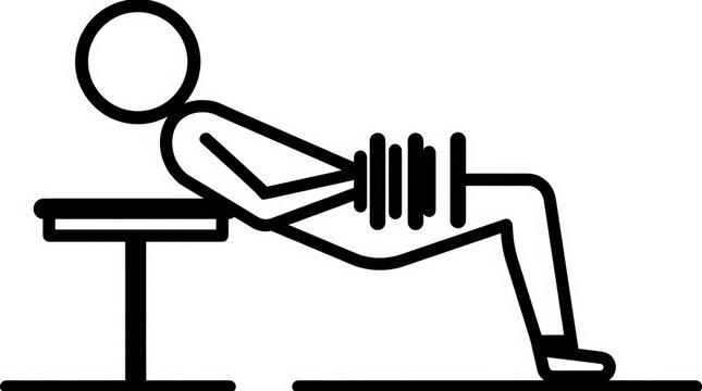 Minimalist stick figure hip thrust exercise, weightlifting workout icon on white background, fitness training and bodybuilding illustration