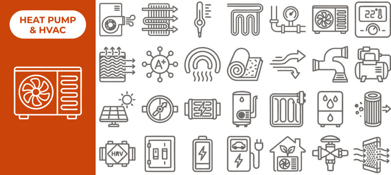 Heat pump and hvac outline icon set with heat pump unit, underfloor heating, radiator, thermostat, and water cylinder symbols. Editable vector icons for home climate system.