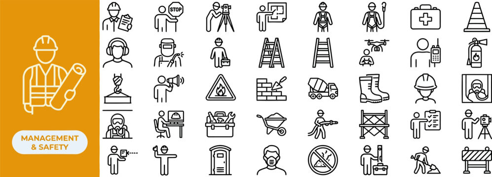 Construction management and safety outline icon set containing hard hat, safety harness, first aid kit, traffic cone, and fire extinguisher symbols. Editable vector icons for site safety.