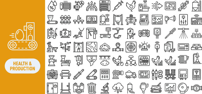 Poultry health and production outline icon set with hen, egg conveyor, feeder, incubator, and climate control symbols. Editable vector icons for poultry farm and agritech.