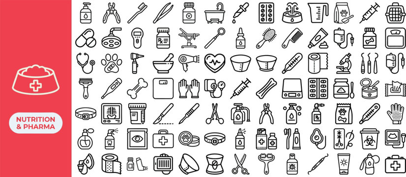 Veterinary nutrition and pharmacy outline icon set featuring pet food bowl, syringe, pill blister, grooming brush, and carrier symbols. Editable vector icons for animal clinic.