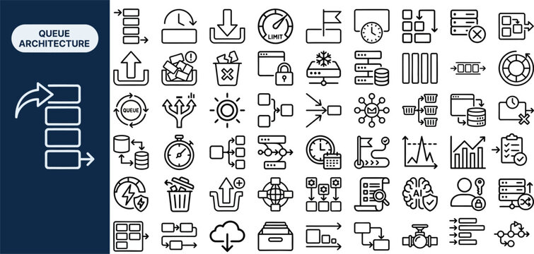 Queue architecture outline icon set with message queue, buffer, dead letter, throughput limit, and retry loop symbols. Editable vector icons for backend and distributed system.