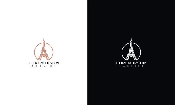 Minimalist Eiffel Tower Logo Design Concept on White and Black Backgrounds