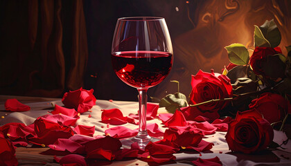 Romantic still life: red wine glass surrounded by rose petals and roses