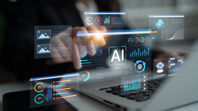 AI business intelligence interface featuring real-time AI data visualization, predictive AI model graphs, and automated report tools driven by AI artificial intelligence for business solution. Corpus