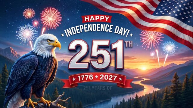 Festive fireworks with a bald eagle and american flag celebrating the usa 251th independence day