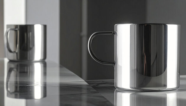 Modern silver mugs on reflective marble surface