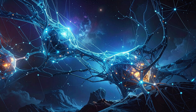 Neural network structures glowing with light in cosmic nebula