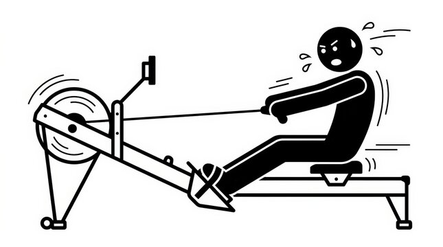 Rowing machine workout stick figure, intense indoor cardio exercise illustration, sweating man training on rower ergometer, fitness gym concept