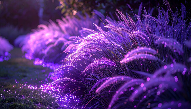 Purple ornamental grass in soft bokeh with glowing sparkles at dusk