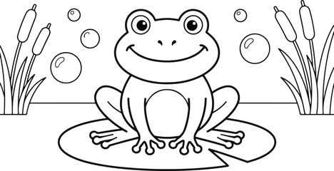 Cute cartoon frog sitting on lily pad coloring page outline illustration © Vector Sumon
