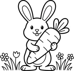 Happy bunny holding a carrot in a flower field outline drawing