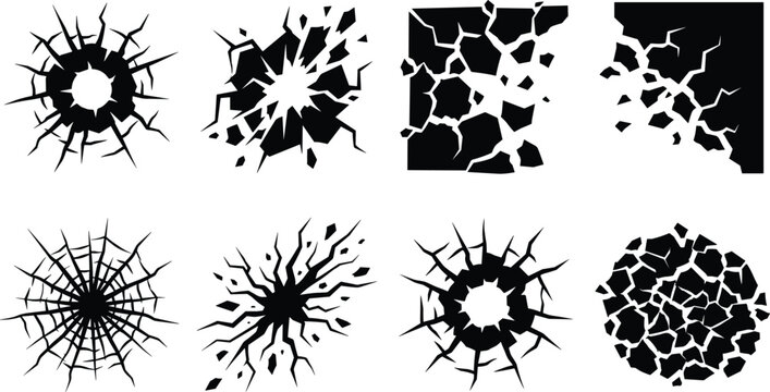 Collection of impact damage, bullet hole silhouettes, and shattered glass fracture patterns for creative design