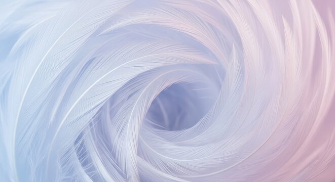 A macro view of soft white feathers arranged in a gentle spiral, showcasing delicate textures and intricate patterns found in the wild, symmetry, detailed, ethereal
