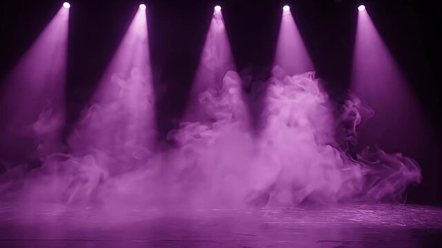 Purple spotlights shining through thick stage smoke