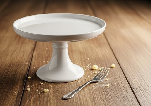 An elegant white ceramic cake stand sits empty on a rustic wooden table, featuring scattered crumbs and a used fork after a dessert feast, after, cake, white