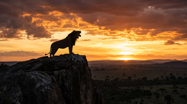 Majestic lion roars powerfully atop a rugged cliff, silhouetted against a breathtaking African sunset, embodying the untamed spirit of the wilderness
